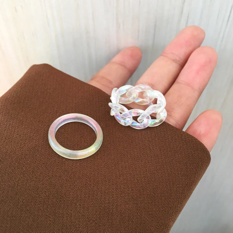 

Korea Summer Fashion Colorful Adjustable Resin Geometric Round Ring Irregular Chain Rings for Women, As picture show