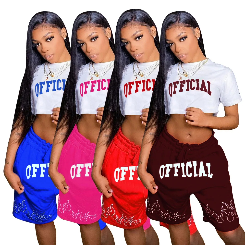 

Casual Sportwear Printing 2 Piece Pants Sets Soild Letter Casual Wear Short Sleeve Women Clothing Two Piece Shorts