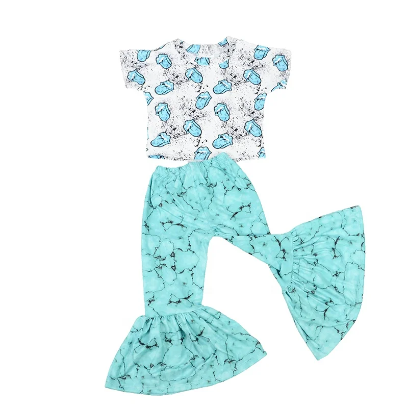 

baby girl Fashion Summer loung top bell pants 2 pcs set tollder kids boutique outfit clothing set, Picture shows
