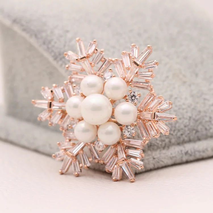 

Fashion Women Large Brooches Lady Snowflake Pearl Zircon Brooches Pin Jewelry, Picture