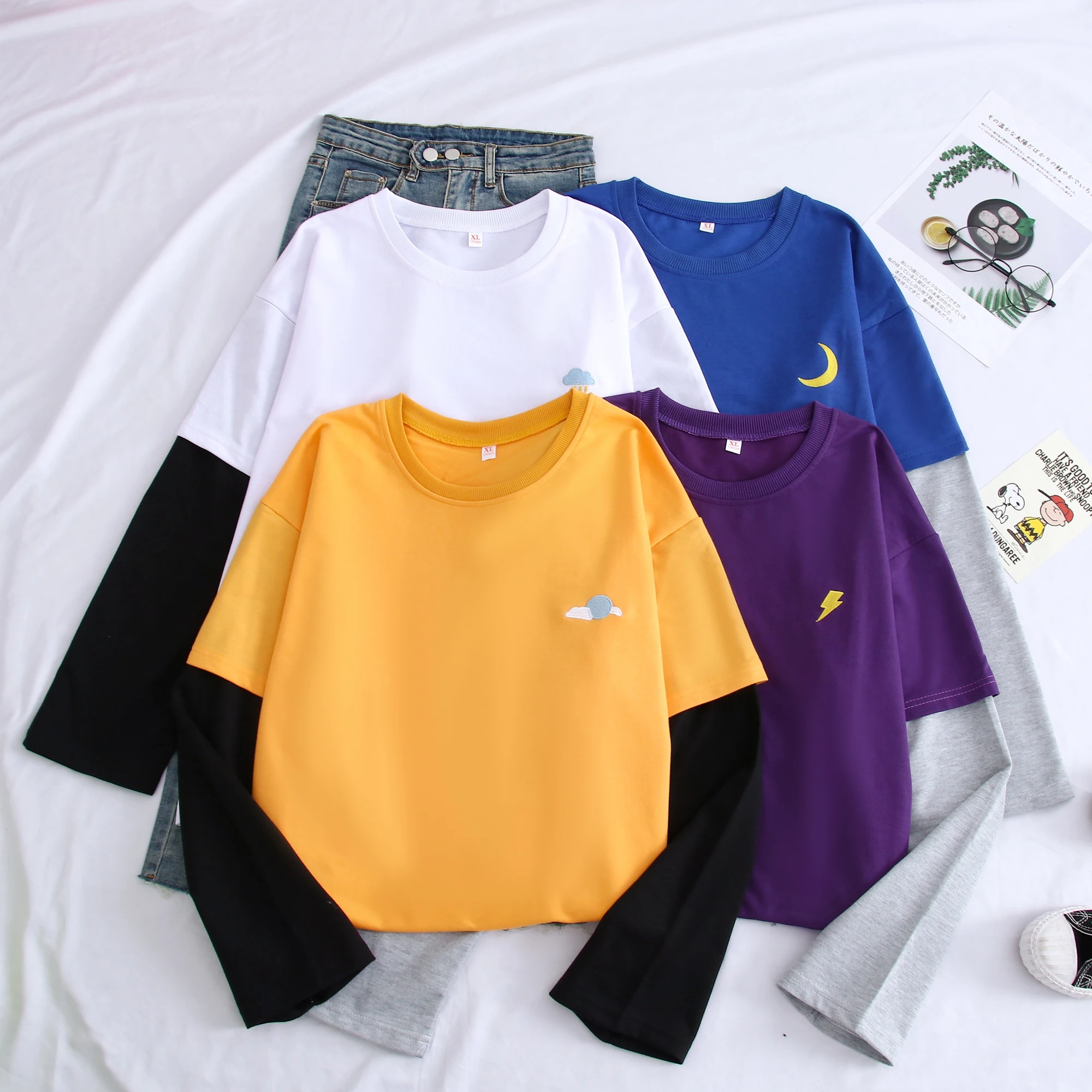 

Women Hoodies Simple Weather Embroidery Harajuku Sweatshirt Patchwork Regan Sleeve Girl's Pullover Autumn Spring Tops