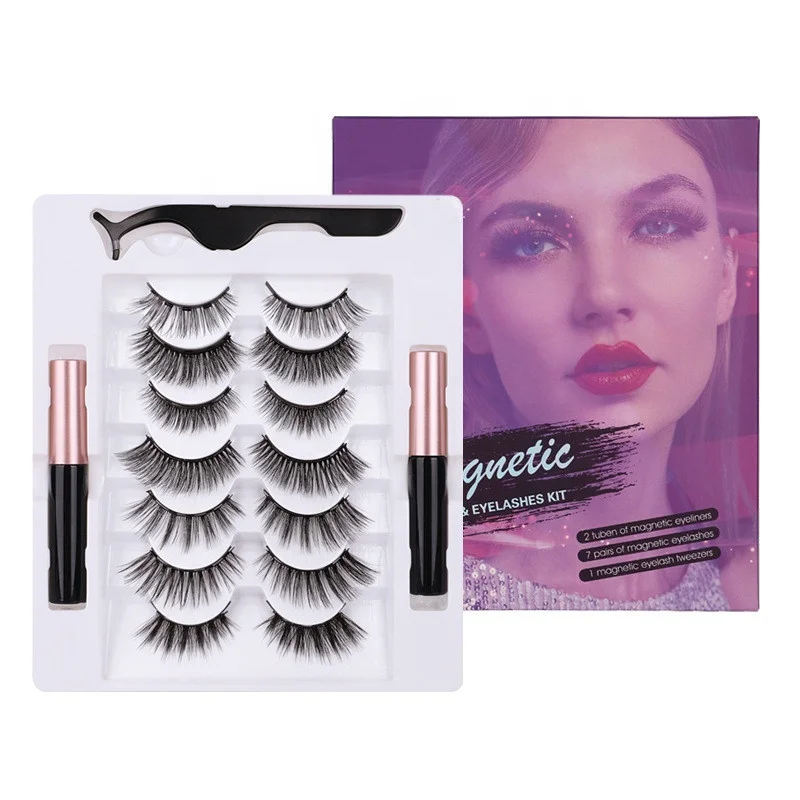 

magnetic false eyelash set 7 pairs 3D synthetic hair false eyelashes with magnetic eyeliner and tweezer, Black