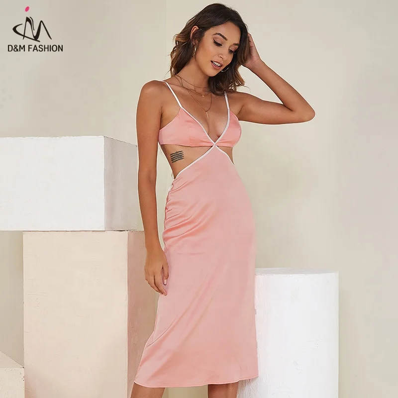 

D&M 2022 Summer Fashion Coral Pink Sexy Spaghetti Strap Contrast Binding Tied Backless Maxi Cami Dress Ladies Party Dresses