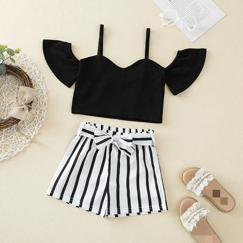 

Hot Sale Sling Strip Solid Color Sleeveless Top Shorts Kids Suit Children Summer Clothing
