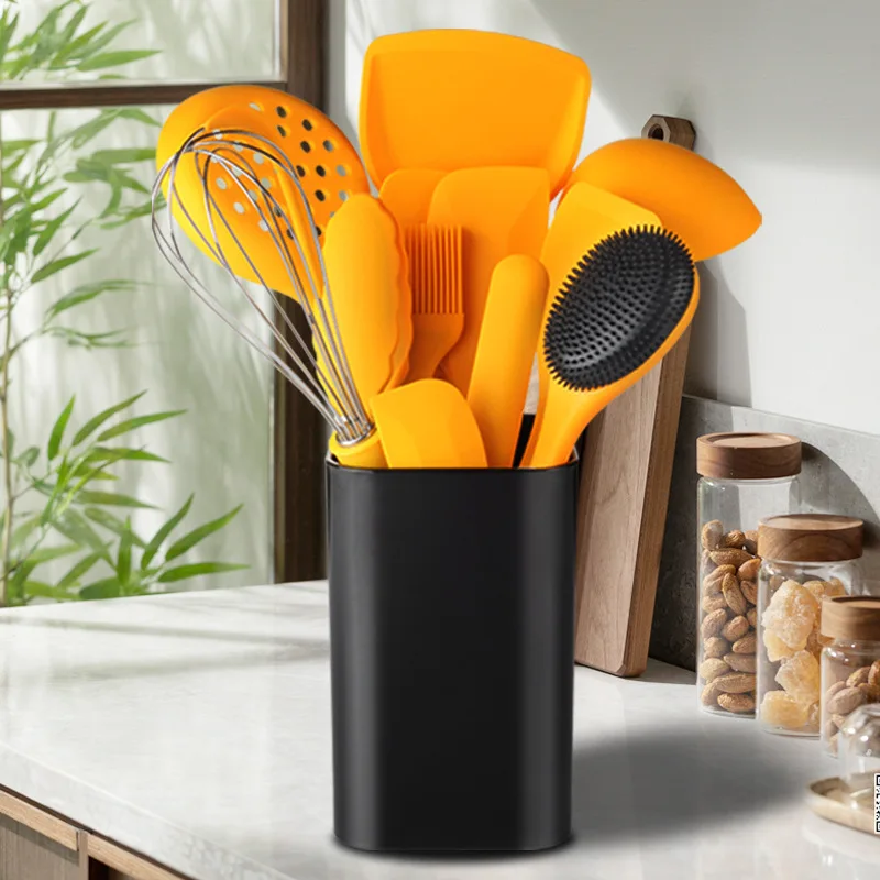 

Kitchen Tools 12-Piece Multi-Color Silicone Spoon Spatula Non Stick Cookware Sets Kitchenware Set With Square Storage Bucket, Yellow