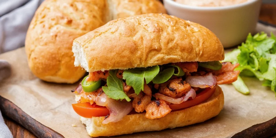 Close-up of banh mi assembly process