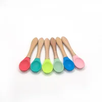 

Wholesale food grade baby training spoons with wooden handles spoon baby silicone