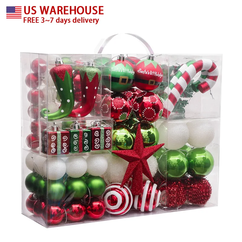 

EAGLEGIFTS In Stock Xmas Tree Decoration Red White Green Plastic Ornaments 2021 New Design Hot Sales Bulk Christmas Balls Set, Red white and green