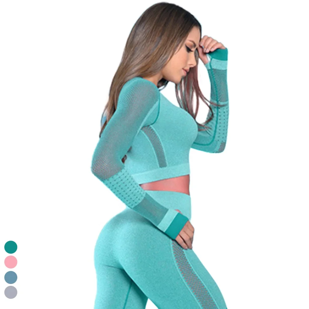 Workout Clothing Seamless Yoga Set Mesh Crop Top Fitness Set