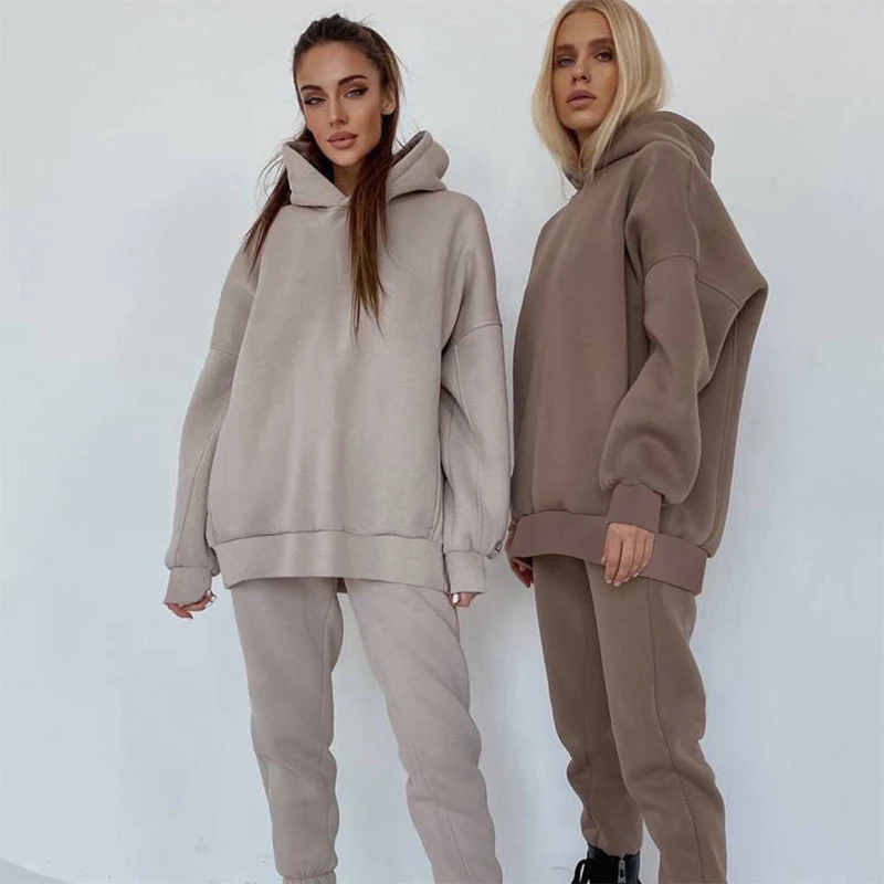 

Wholesale Fall Winter Casual 100% polyester Long Sleeve Solid Color hoodie Jogger Sweatsuit Women Clothing Two Piece Pants Set, Picture