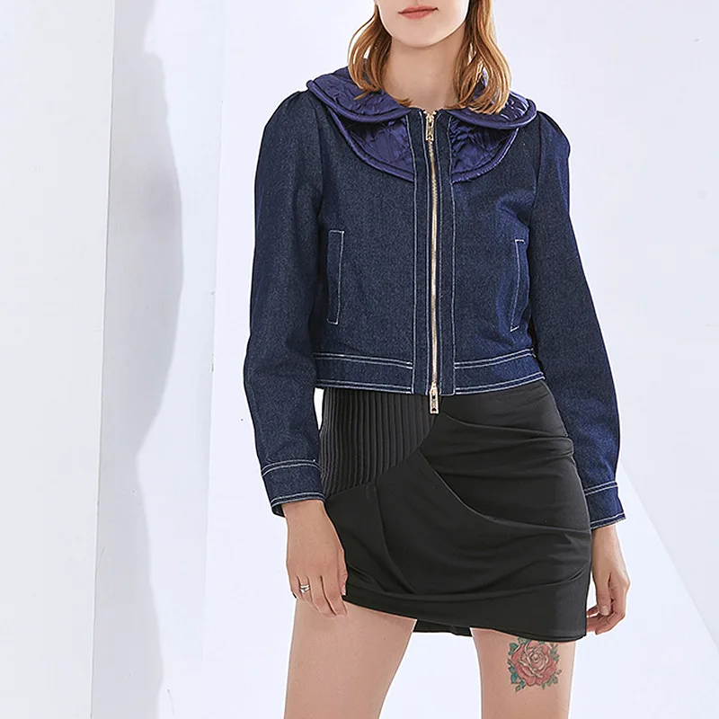 

2021 winter new women's jacket fashion temperament casual wood ears lapel long-sleeved solid color zipper denim women's jacket, Photo color