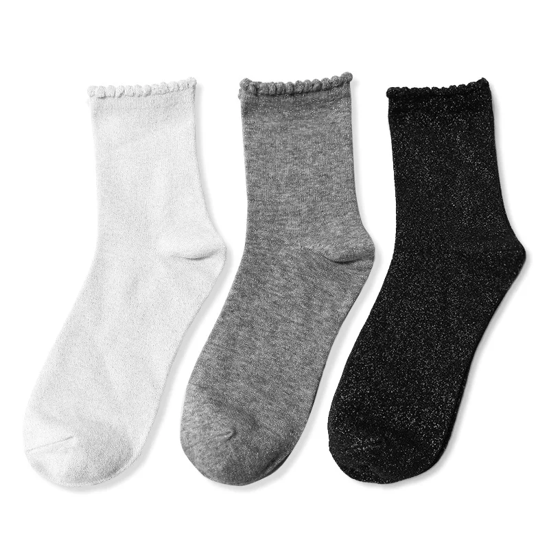 

Cotton Metallic Yarn Women Solid White Gary Black Lettuce Trim Socks