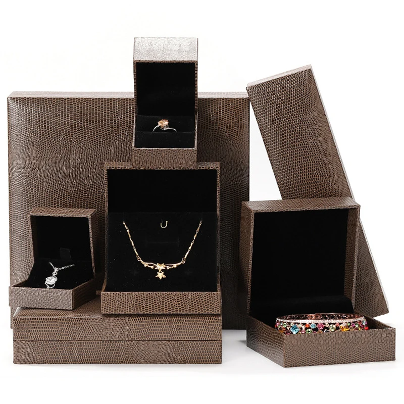 

Custom ring bracelet necklace boxes packaging brown lizard pattern leatherette black velvet insert for jewelry store wedding, Brown,orange,red,blue,green,gold or custom