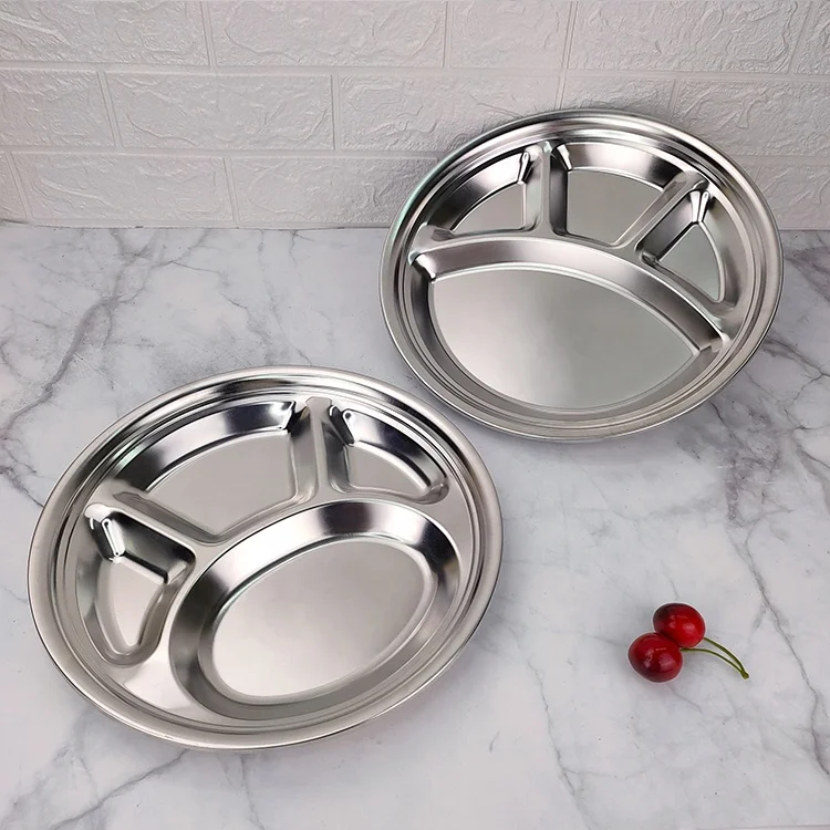 

Stainless Steel 4 Sections Round Divided Plate Dish Snack Dinner Tray Lunch, Silver