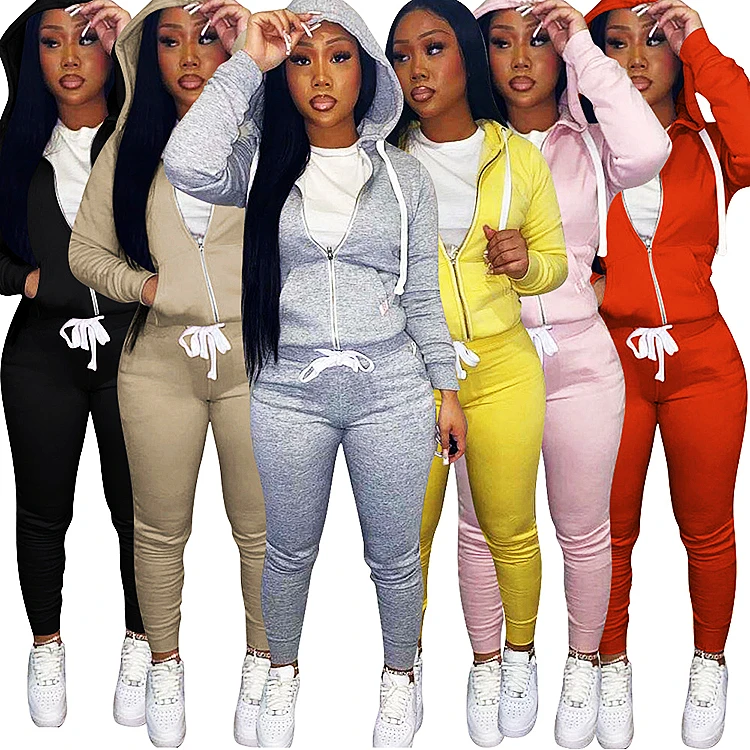 

Best Design Custom Logo Solid Color Drawstring Long Sleeve Casual Two Piece Sport Jogging Sets Hoodies Women Set