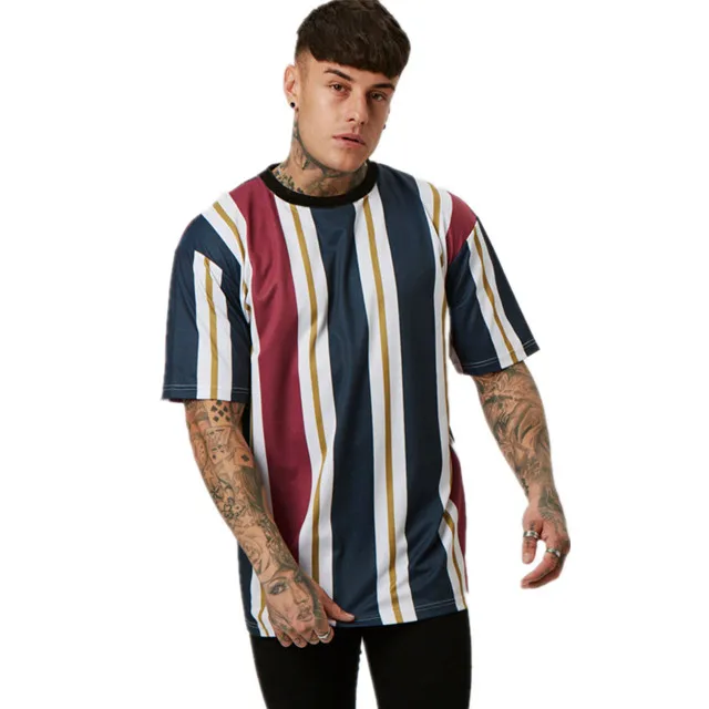 

Round Neck Plain Casual Striped Polyester Cotton T Shirt Men, Multi color