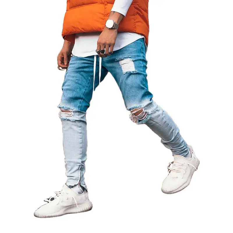 

2021 Men's Jeans New Trend Fashion Gradient Hole Pencil Pants Foreign Trade Large Size Slim Women Denim Jeans Hot Jeans Softener