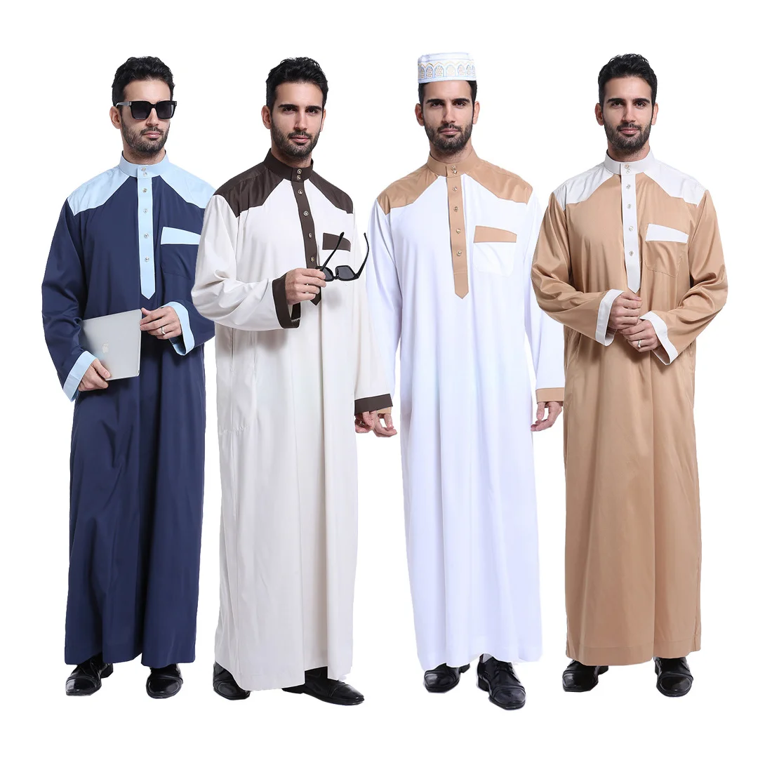 

2021 Islamic Clothing New Patchwork Color Button Down Men's Arab Muslim Thobe with Long Sleeves Mandarin Neck