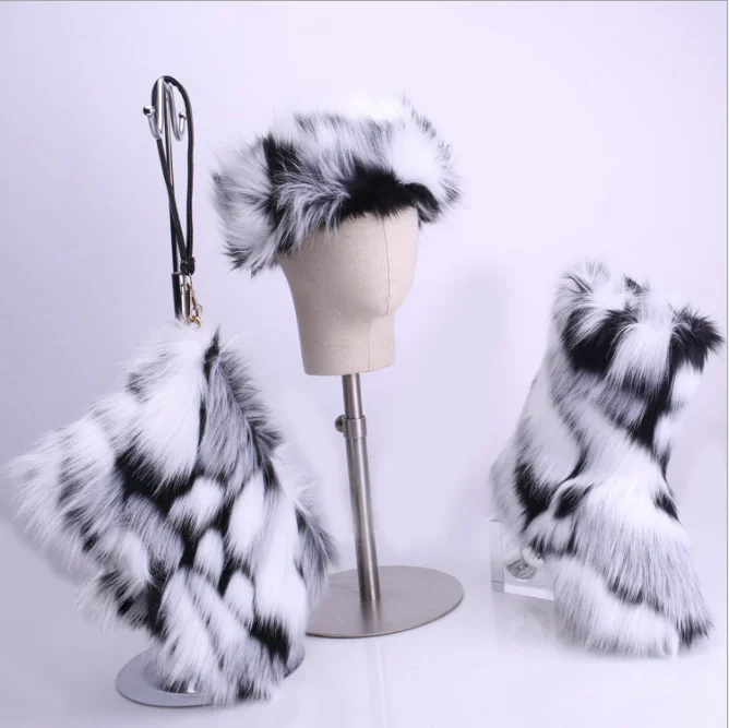 fur boots with matching headband and purse