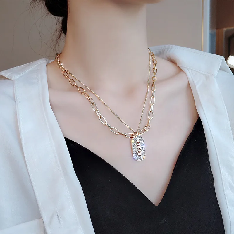 

JUHU multi layer necklace fashion letter necklace clavicle chain cool army card choker alloy diamond-studded jewelry wholesale, Gold