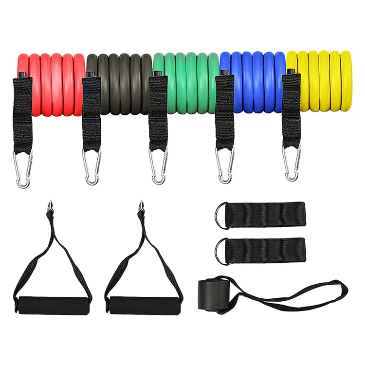 

Home Workout High Quality Latex Tpe Resistant Tube 11 Piece Fitness Exercise Resistance Bands Set, Yellow, red, blue, green, black