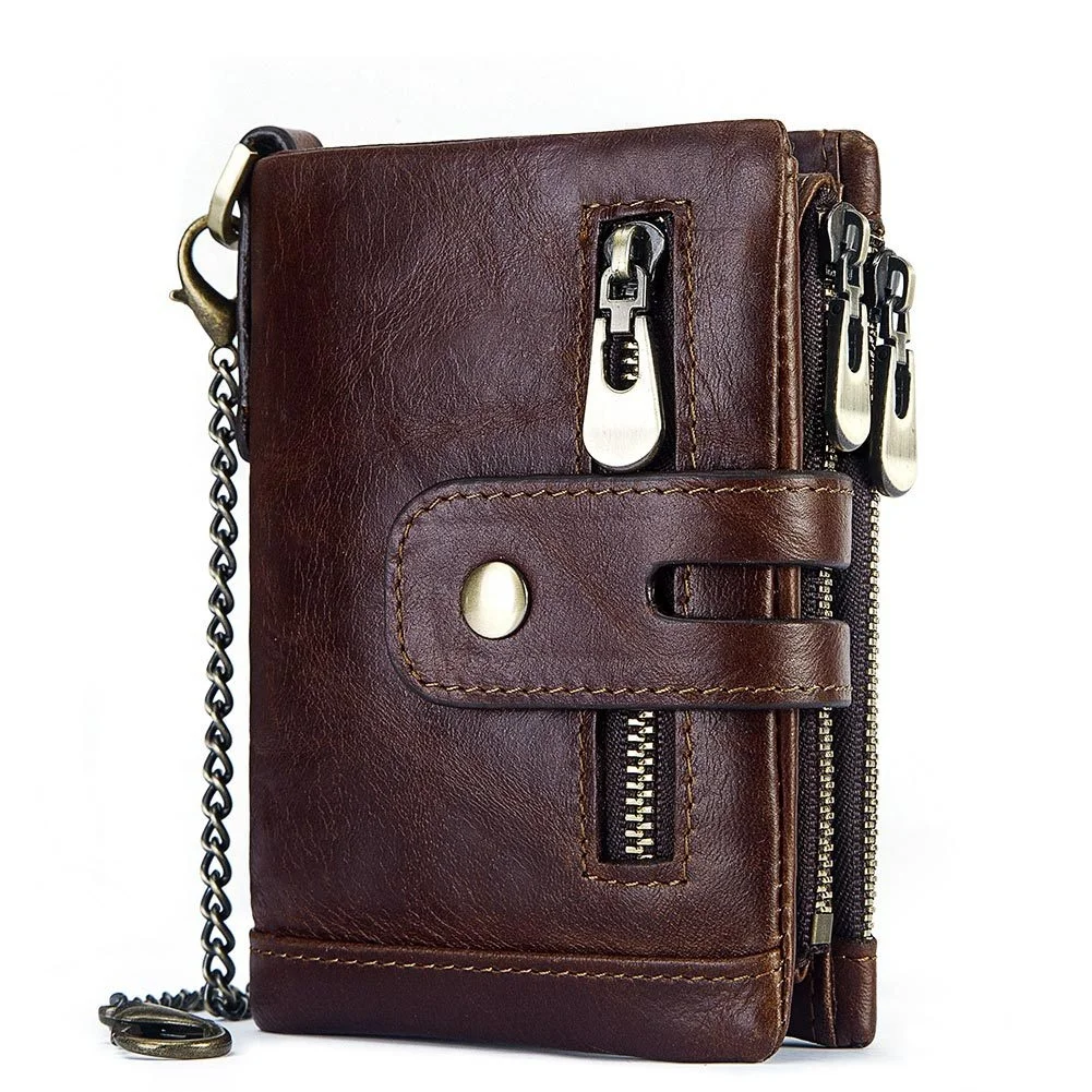 

Hot Sale Cowhide Casual Small Mini Genuine Leather Wallets RFID Blocking Luxury Purse Vintage Gents Custom Zip Mens Slim Wallet