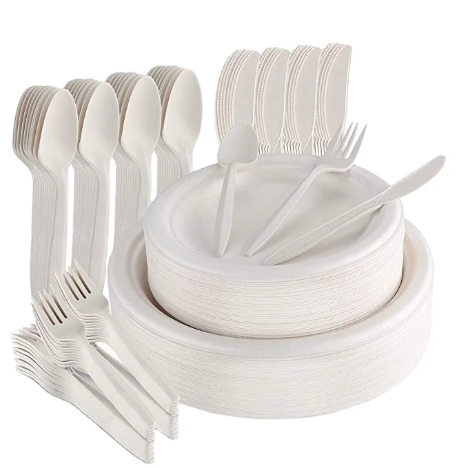 

100% Biodegradable Sugarcane Bagasse Paper Plate Set with Low price PLA pack, White