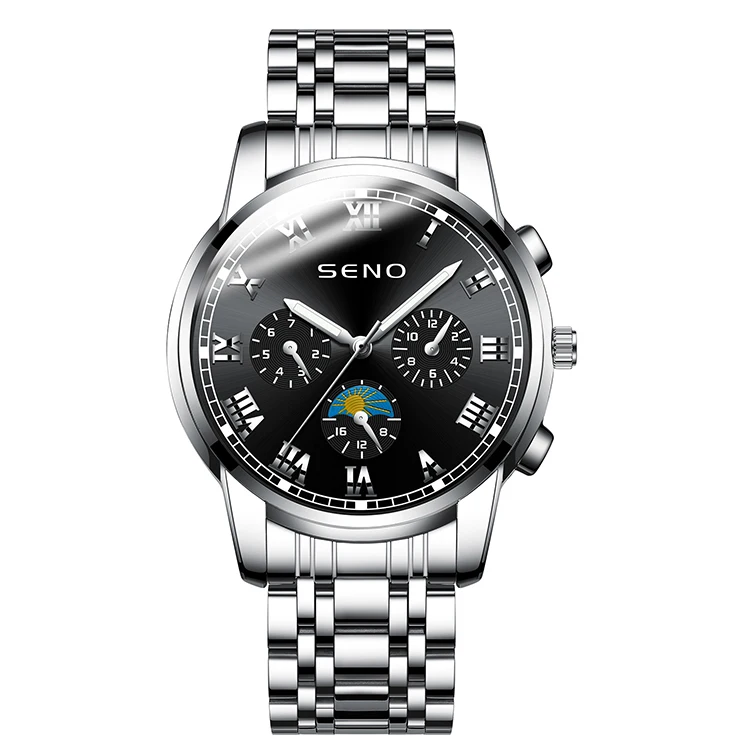 

SENO brand Silver black color all stainless steel moon phase sport chronograph business watches for men
