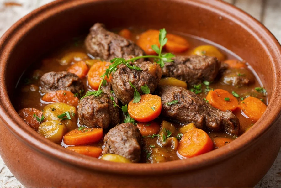 Traditional Middle Eastern anise root stew in ceramic pot with lamb, carrots, and herbs
