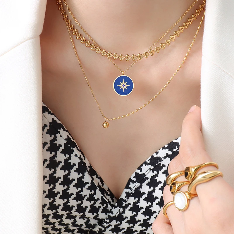 

Stainless Steel 18K Gold Plated Blue Enamel North Star Round Coin Pendant Necklace For Women Party Jewelry Tarnish Free