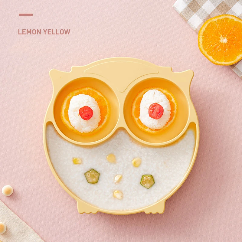 

Hot-sale Eco-friendly Strong Suction Owl Shape Cute Baby Division Plate Silicone Baby Feeding, As picture