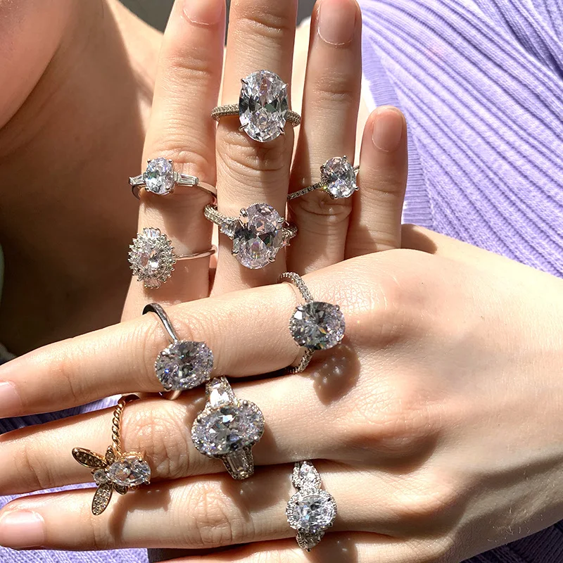 

2021 Hip Hop Jewelry 925 Sterling Silver Engagement Ring Iced Out CZ Cubic Zirconia Wedding Rings Big Oval Stone Diamond Ring