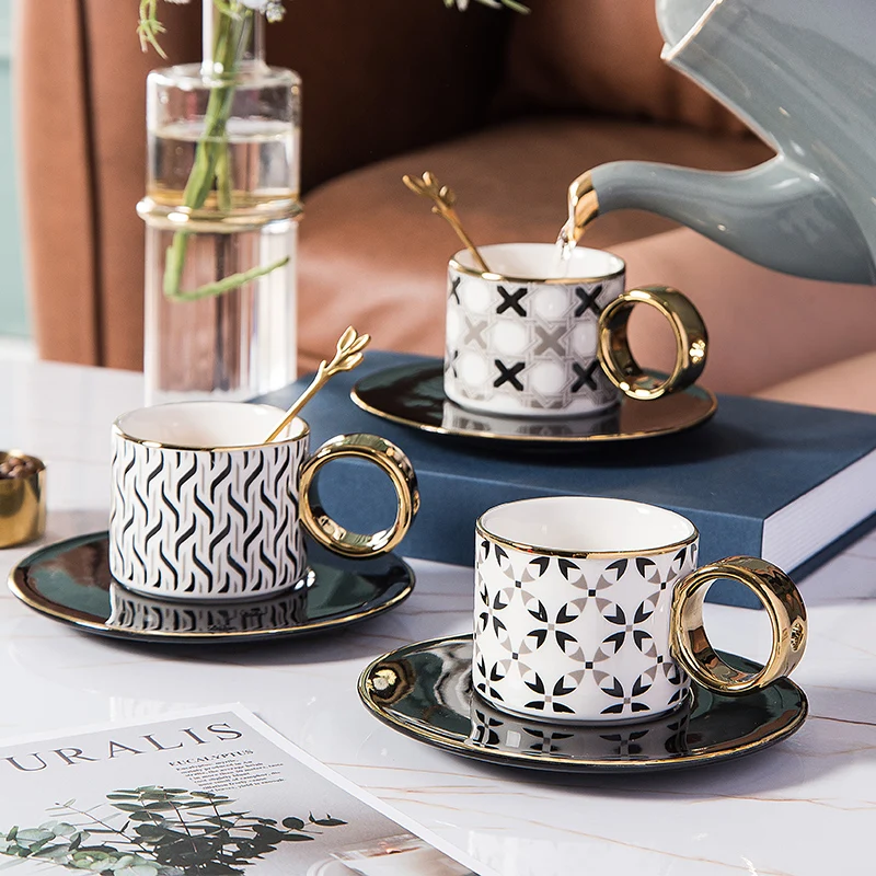 

Feiyou wholesale custom Nordic Irregular golden handle ceramic coffee tea cup and saucer sets Ceramic coffee cups mugs, As the picture show