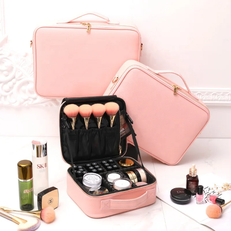 

Hot Sell PU Makeup Bag Pink Cosmetic Organizer Travel Make Up Case With Adjustable Divider