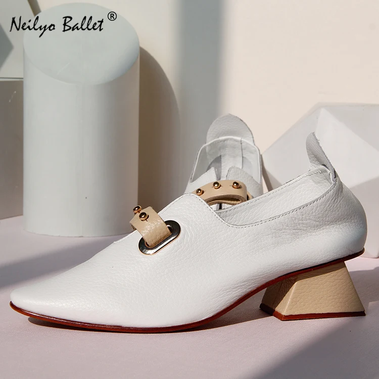 

Four season leather pointed square low heel shoes white leather oxford mules chunky pump shoes