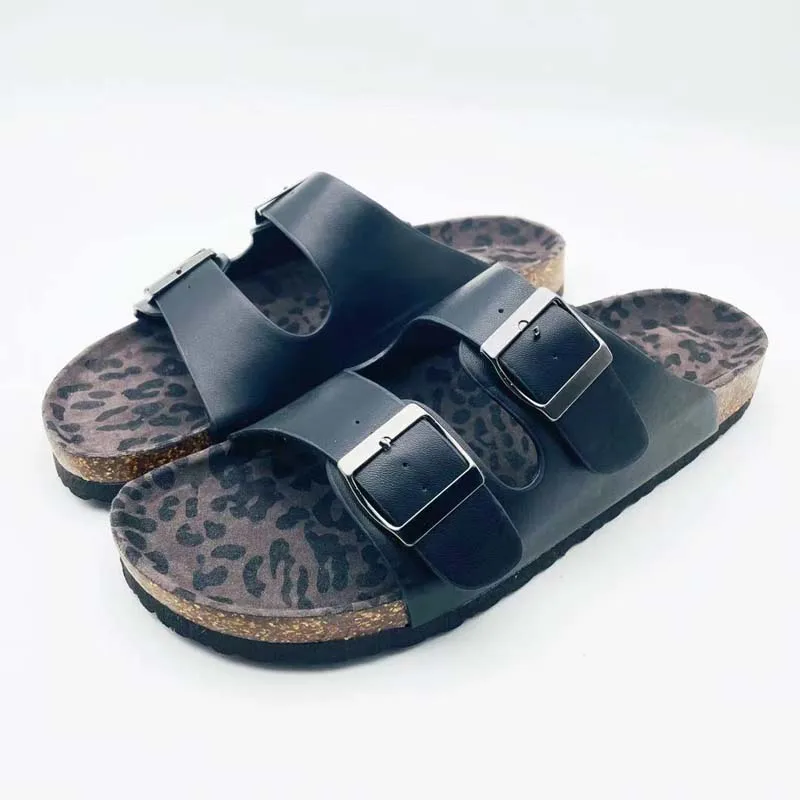 

Black Pu Open-toe Painted Edge Two Buckle Man Shoe Cork Slide Slipper