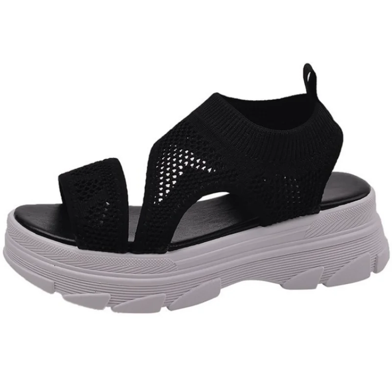 

Dropshipping Custom Logo Roma Mesh Knitted Breathable Chunky Black Wedge Sandals Women Sports Sandals