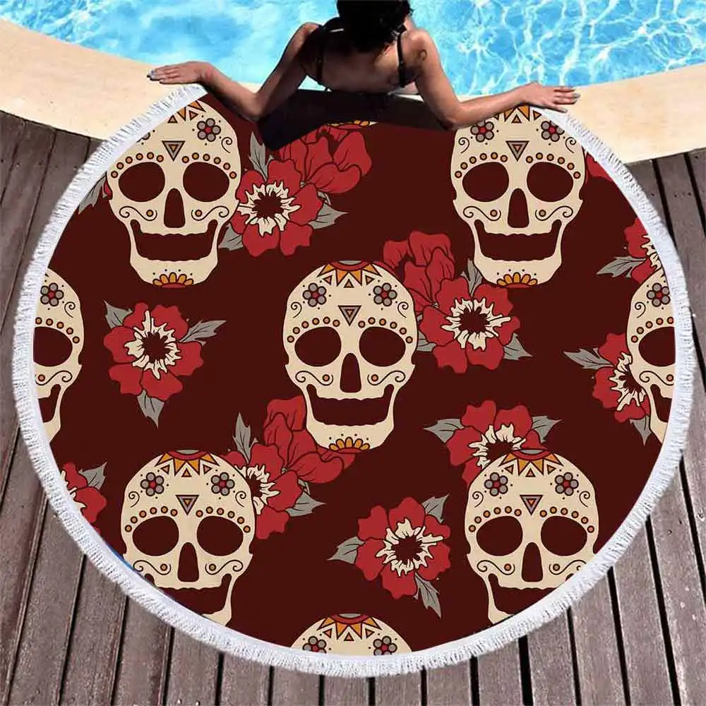 skull-rose round beach towel 