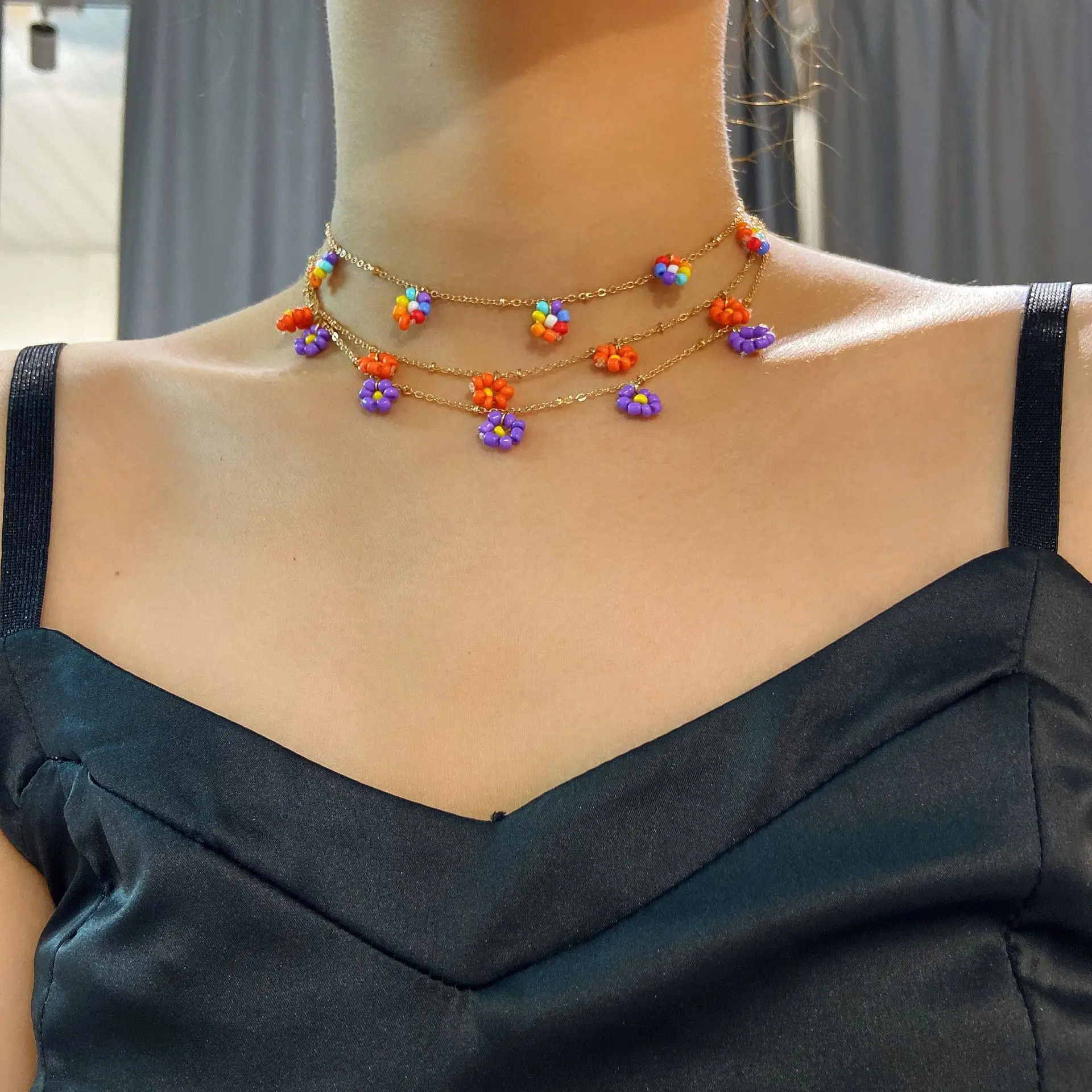 

INS Beaded Necklace Women Choker Beaded Flower Charm Retro Necklaces Y2K Accessories Multicolor Beads Summer Choker Jewelry, Multi color