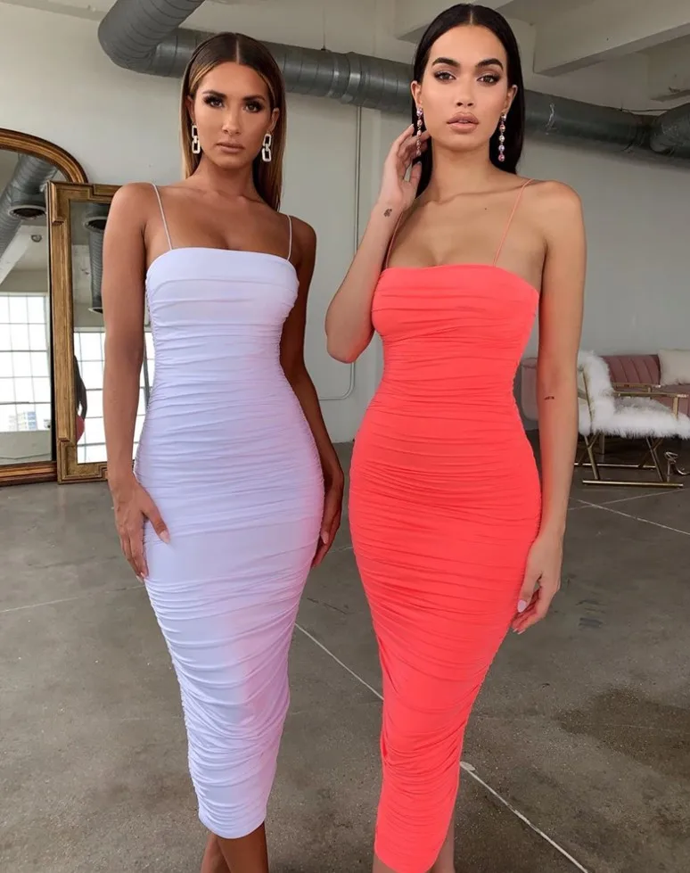 

Summer New Women's Explosion Models Fashion Pleated Strap Dress Slim Long dress For Club