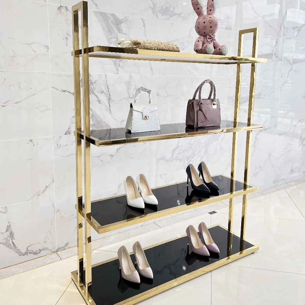 

High End Multi-layer Shop Furniture Metal Display Stand Glossy Stainless Steel Gold Shoe Bag Display Rack Display Shelf