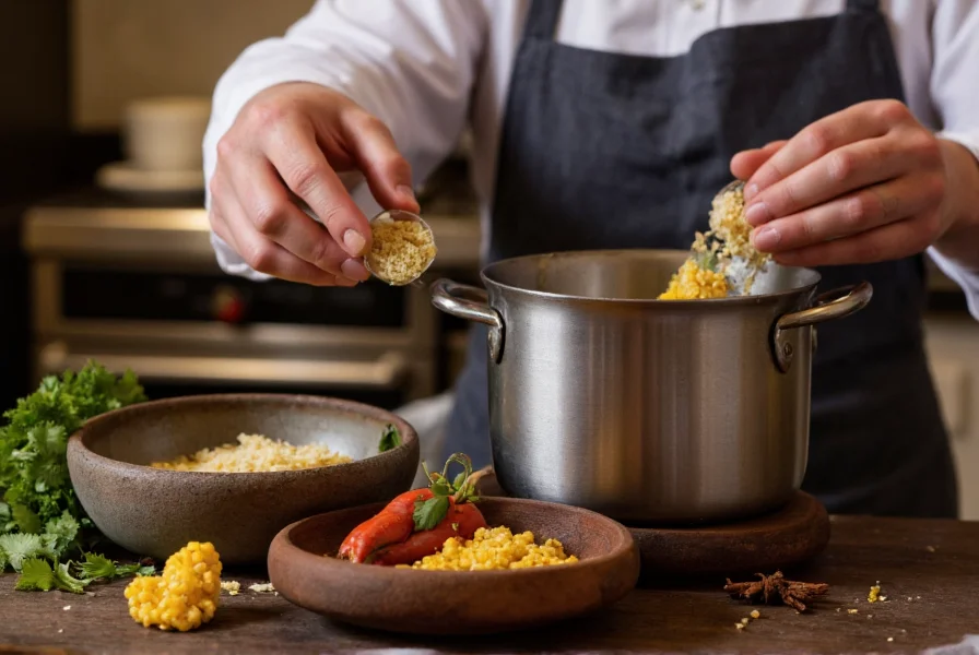 Chef adding asafoetida to a cooking pot with spices arranged nearby