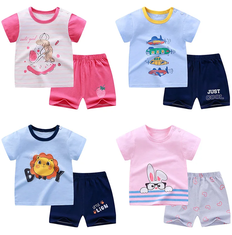 

Enssy Summer cotton children's T-shirt suit loose short Pants fashion cartoon striped sleeve 2 two piece short kids Clothing Set