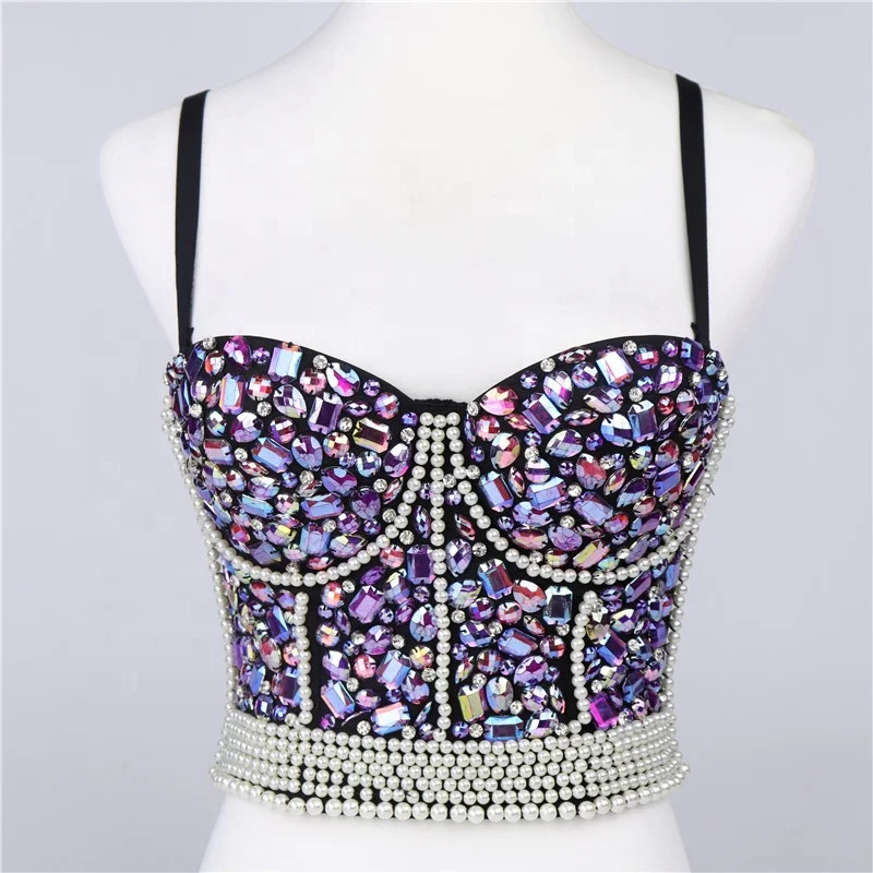 

Glitter Bead Pearl Bralet Women's Bustier Bra Night Club Party Cropped Top Vest, Customized color