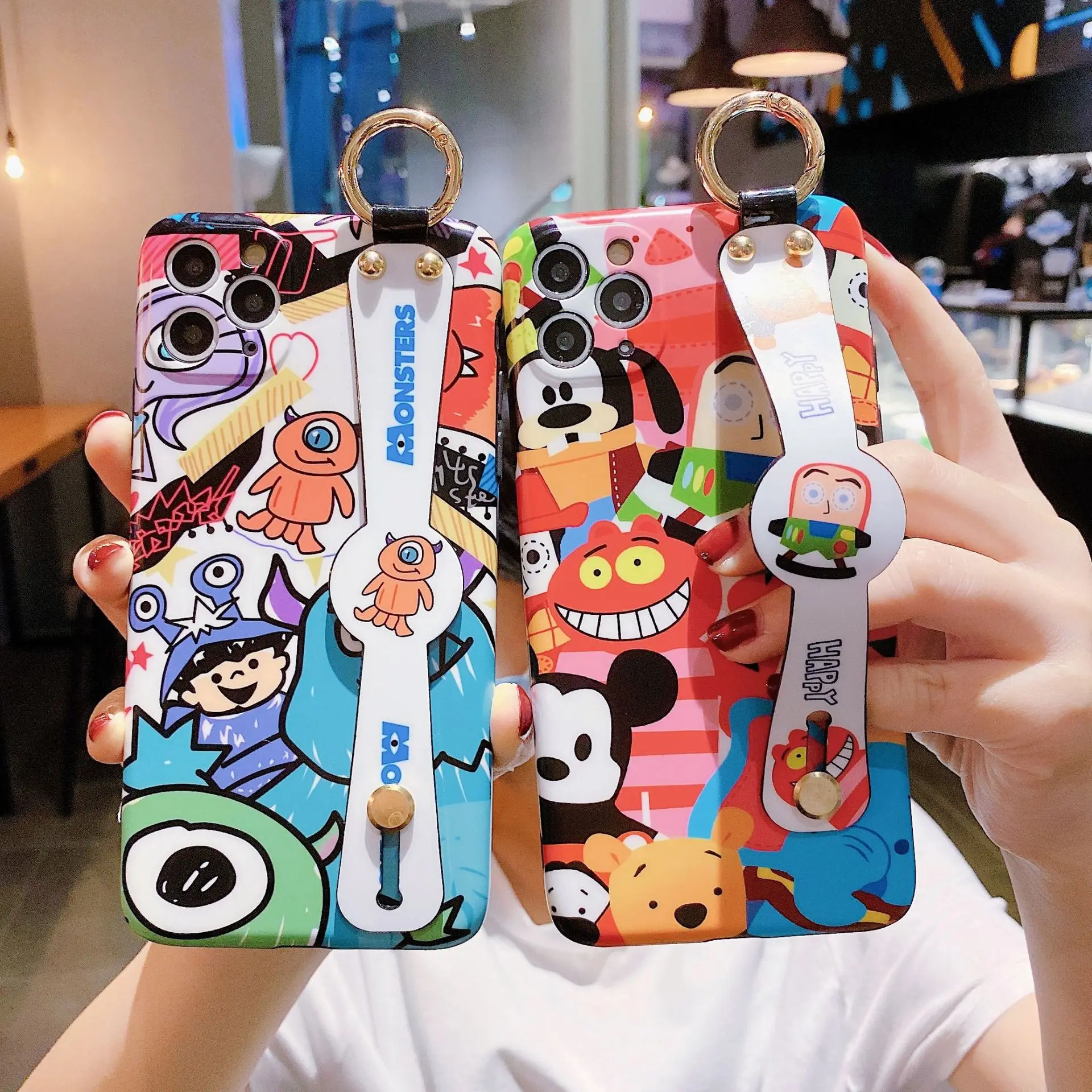 

Anime Mickey Toy Story Monster Inc wristband holder Phone Case For iPhone 12 pro max 12 Mini 11 XS X free shipping, Colorful