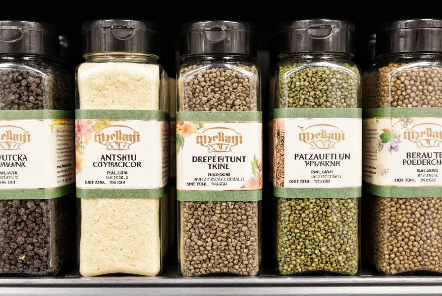 Assortment of different pepper varieties available in Polish grocery stores including black, white, and green peppercorns in transparent packaging with Polish labels