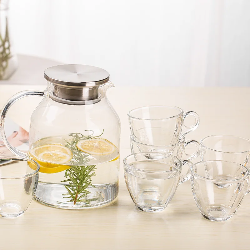 

Hot Sale DELI Simple Modern Borosilicate Custom Tea pot Glass Drinking Jug Pitcher Glass Water Set, Clear