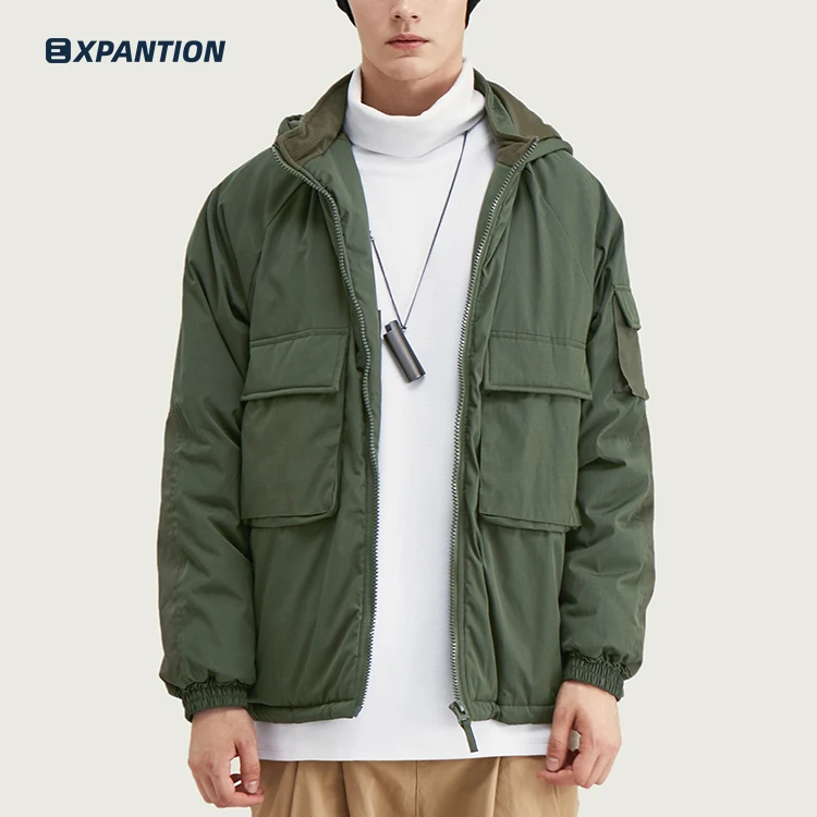 

EXP Fashion New Arrivals Winter Stitching Color Block Men parka coats Hip Hop Loose Fit Hooded Jackets, Black, army green