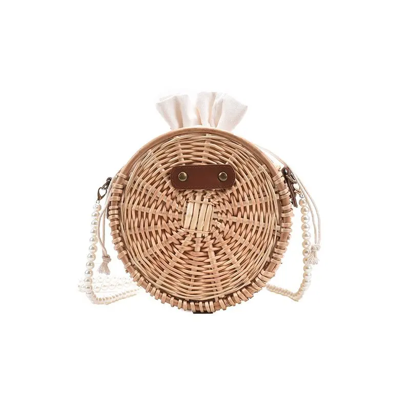 

Handmade mini cute pearl chain round rattan straw beach woven straw clutch bag