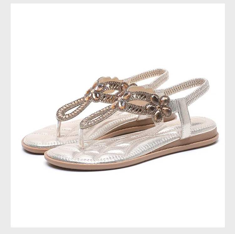 

S985 2021 Rhinestone Flat Sandals Large Size Flat Heel Hollow Bohemian Comfortable Women's Shoes Summer